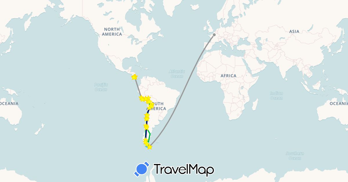 TravelMap itinerary: driving, bus, plane, train, hiking, boat, hitchhiking in Argentina, Bolivia, Chile, Costa Rica, France, Peru (Europe, North America, South America)
